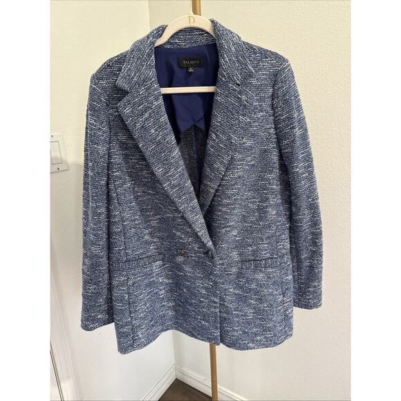 Talbots Blazer Jacket Women's 16 Blue White Marled Tweed Double Breasted Pockets - Picture 1 of 7